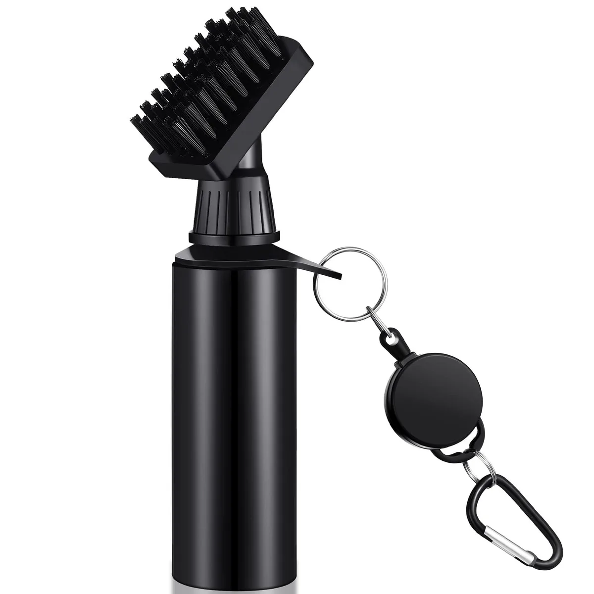 Black nylon-bristle golf club brush with integrated squeeze bottle and retractable aluminium hook