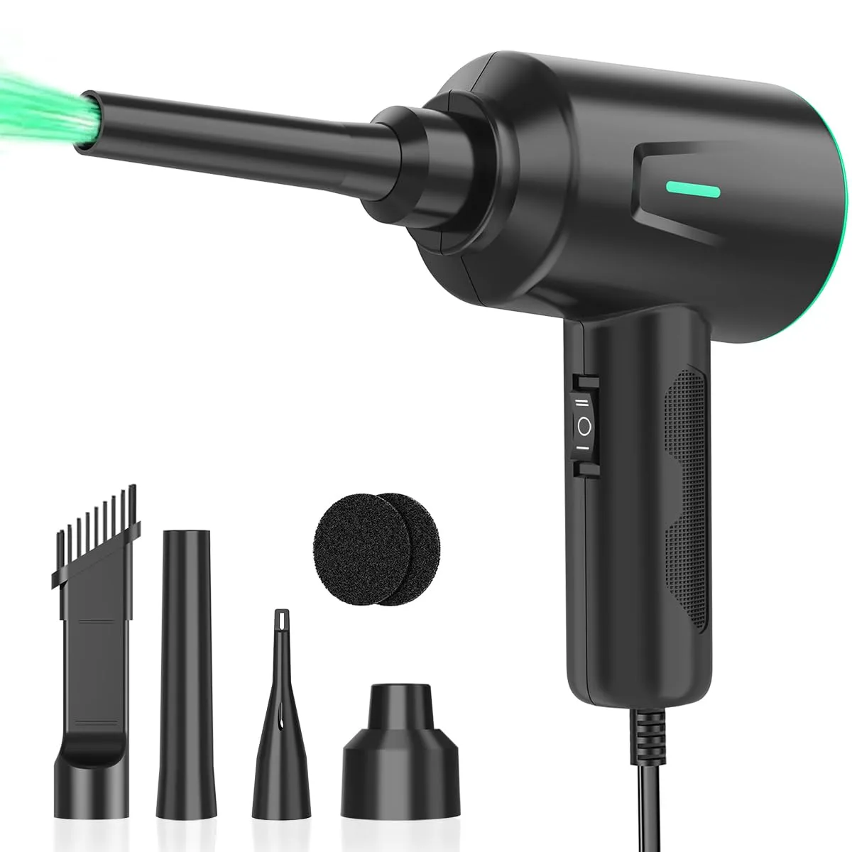 Green handheld electric blower with nozzle and long cord