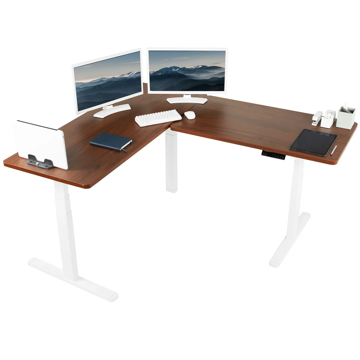 VIVO VIVO Electric L-Shape Corner Desk 67" x 60" Dark Walnut White Frame — product photo