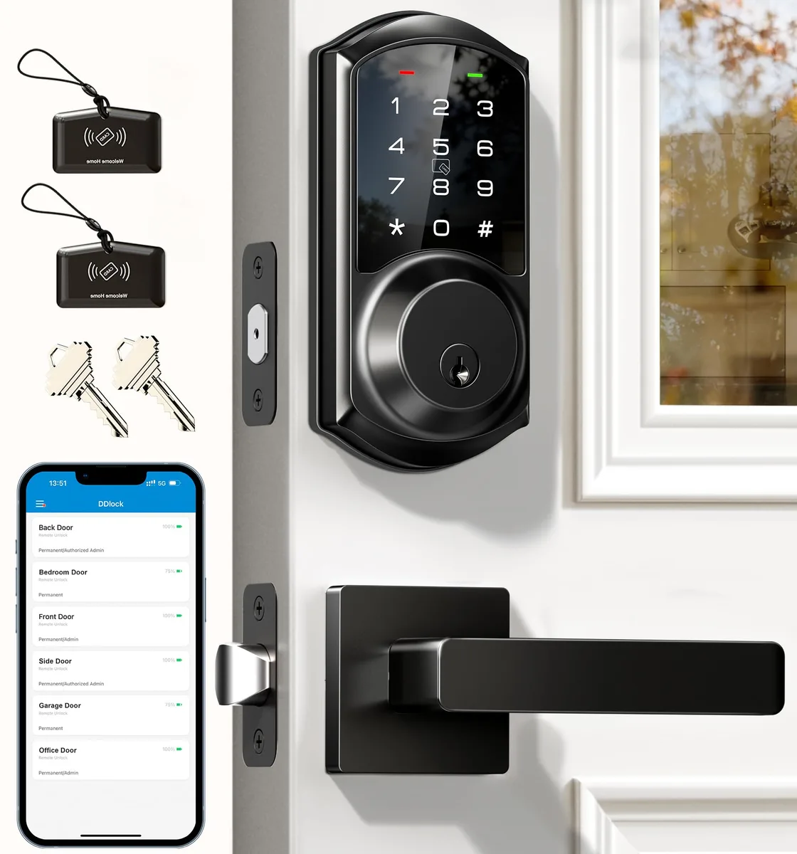 Matte black smart deadbolt with two lever handles