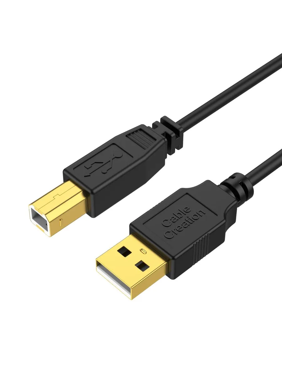 Black USB 2.0 Type-A to Type-B printer cable, 6.6 ft, gold-plated connectors, PVC jacket