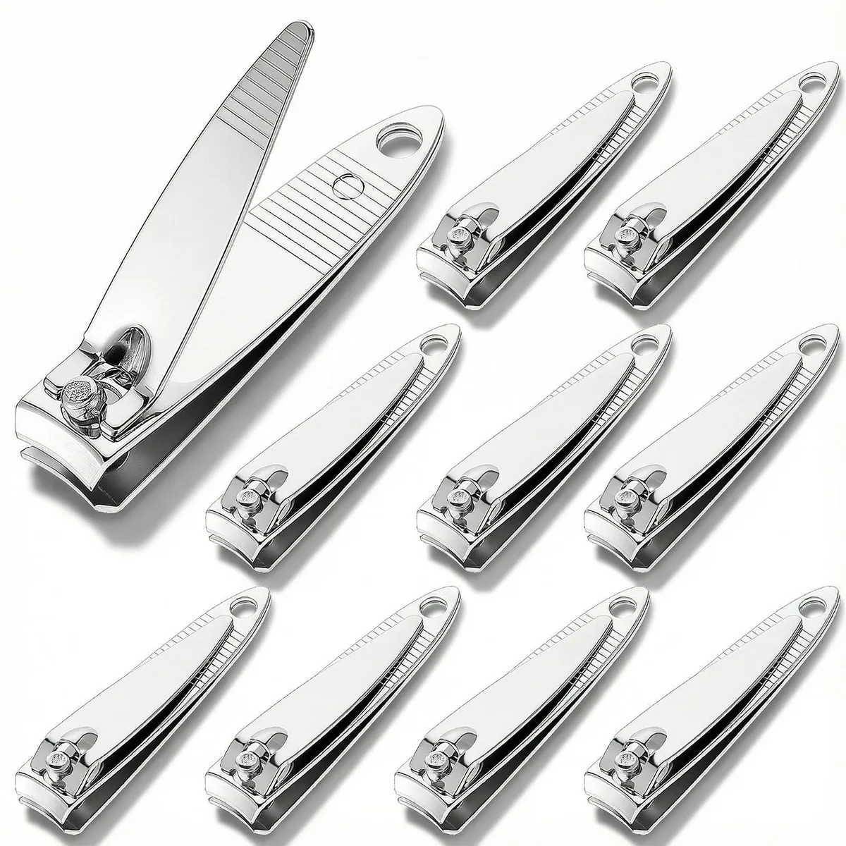 Ten small silver metal nail clippers with curved handles and integrated files, arranged together