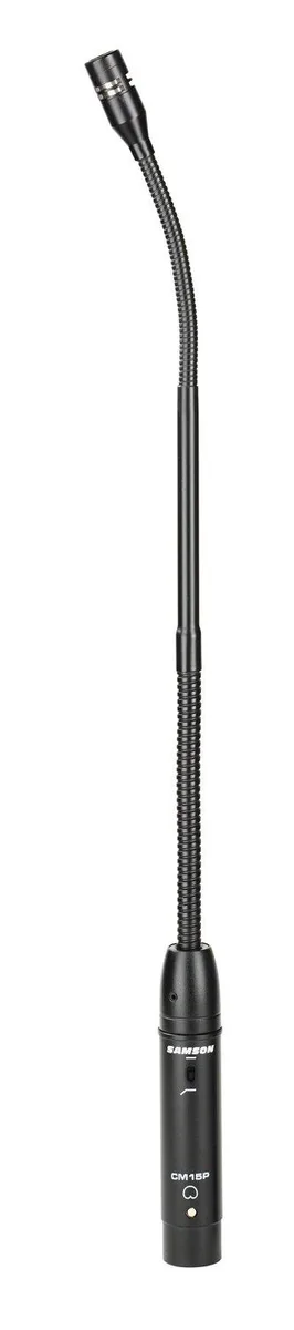 Silver 15 inch gooseneck podium microphone with flange mount and windscreen
