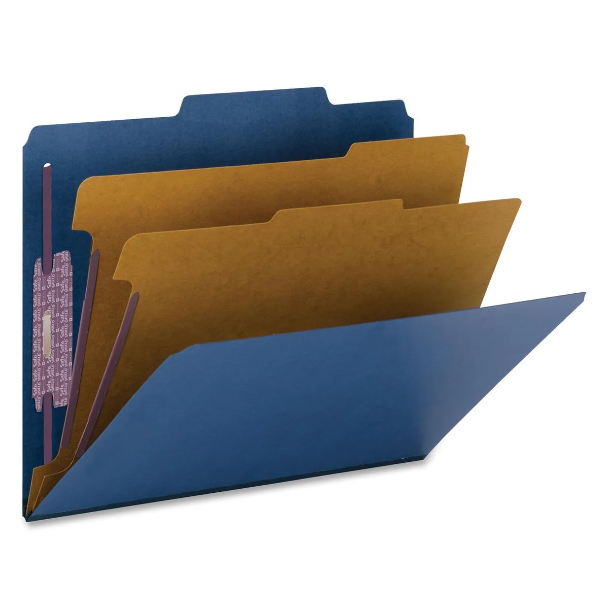 Dark blue PressGuard classification folder with coated fasteners and two kraft dividers