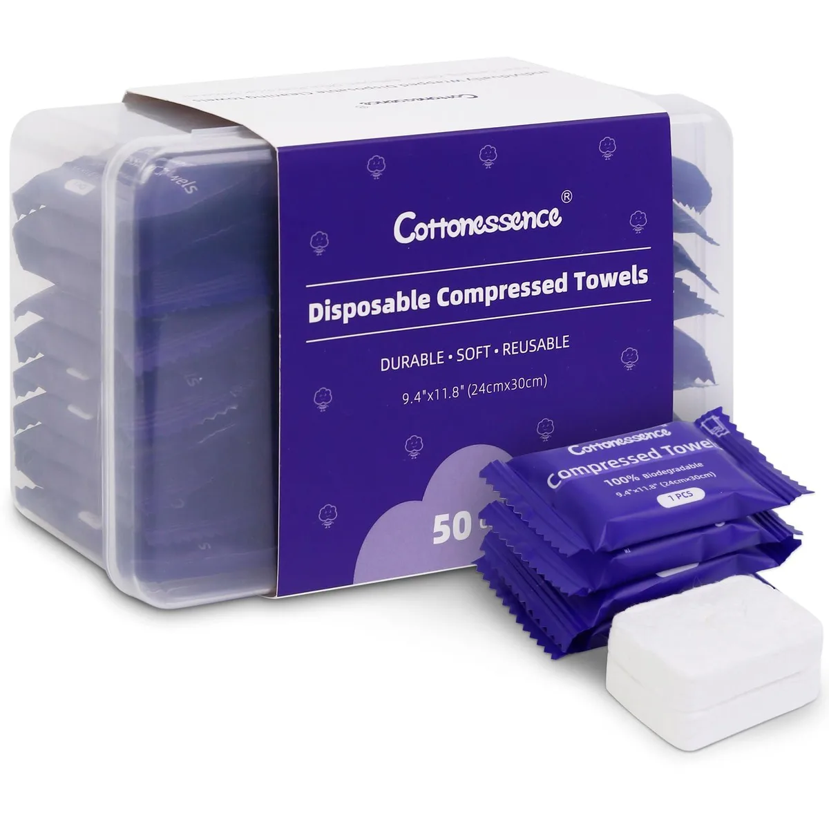 Fifty individually wrapped coin-sized compressed towels in a rectangular pack