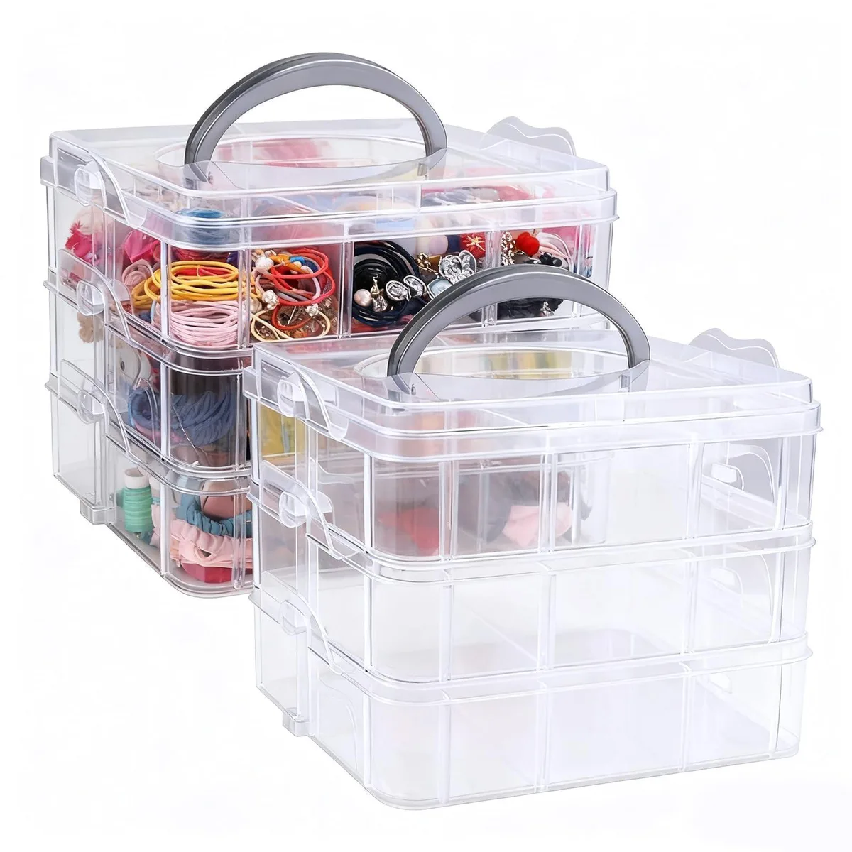 Two clear plastic stackable boxes, each with three tiers and removable dividers, 18 compartments total
