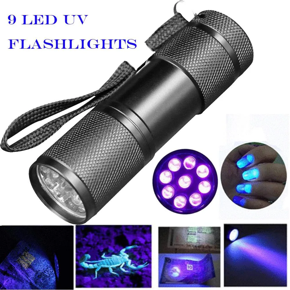 Compact aluminium UV flashlight, nine LEDs, 9cm by 2.5cm