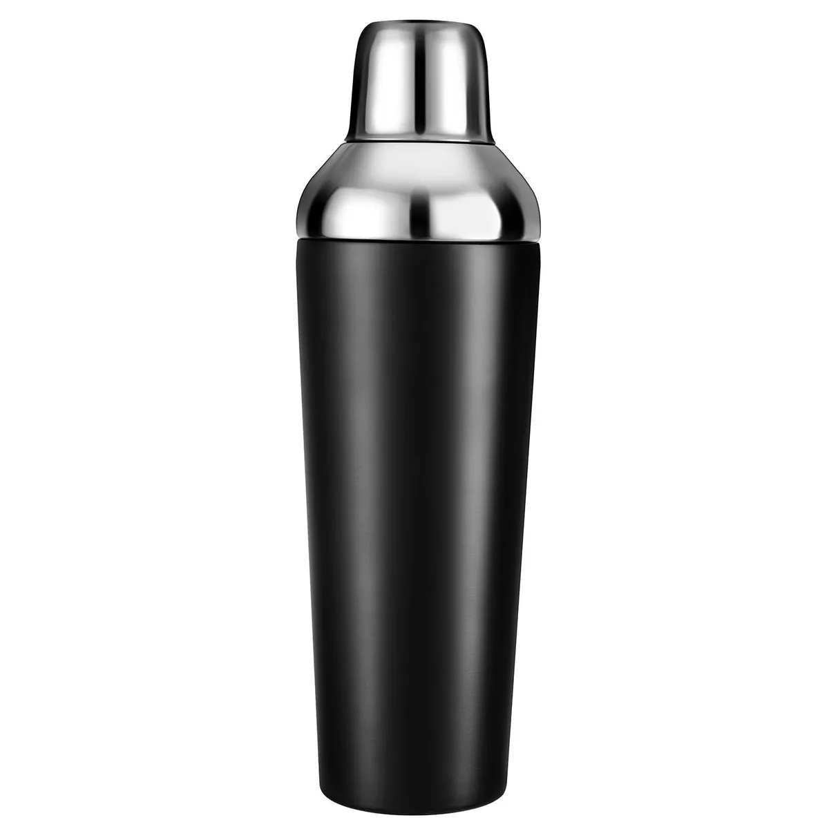 Black powder-coated 23oz double-wall stainless steel cocktail shaker with built-in strainer and jigger lid