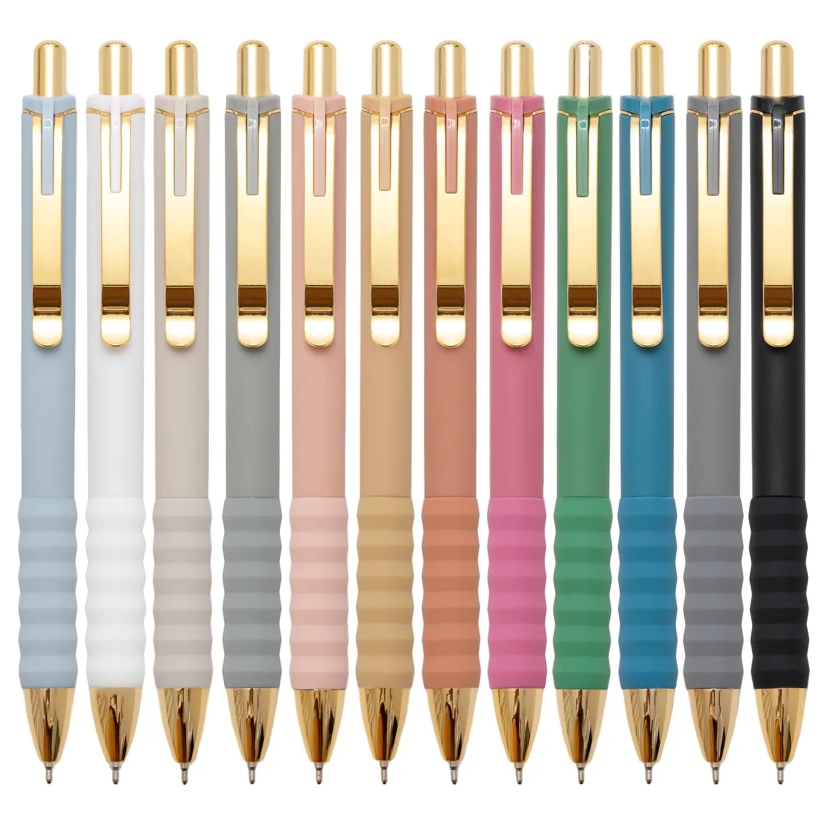 Twelve black retractable ballpoint pens with soft grip and metal finish