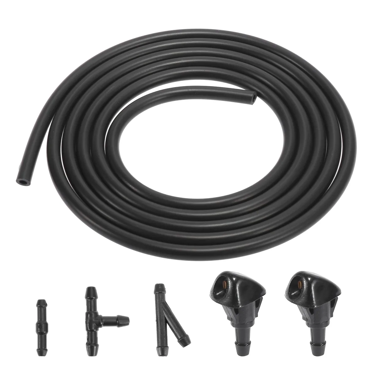 Black plastic windshield washer nozzle kit with hose and connectors