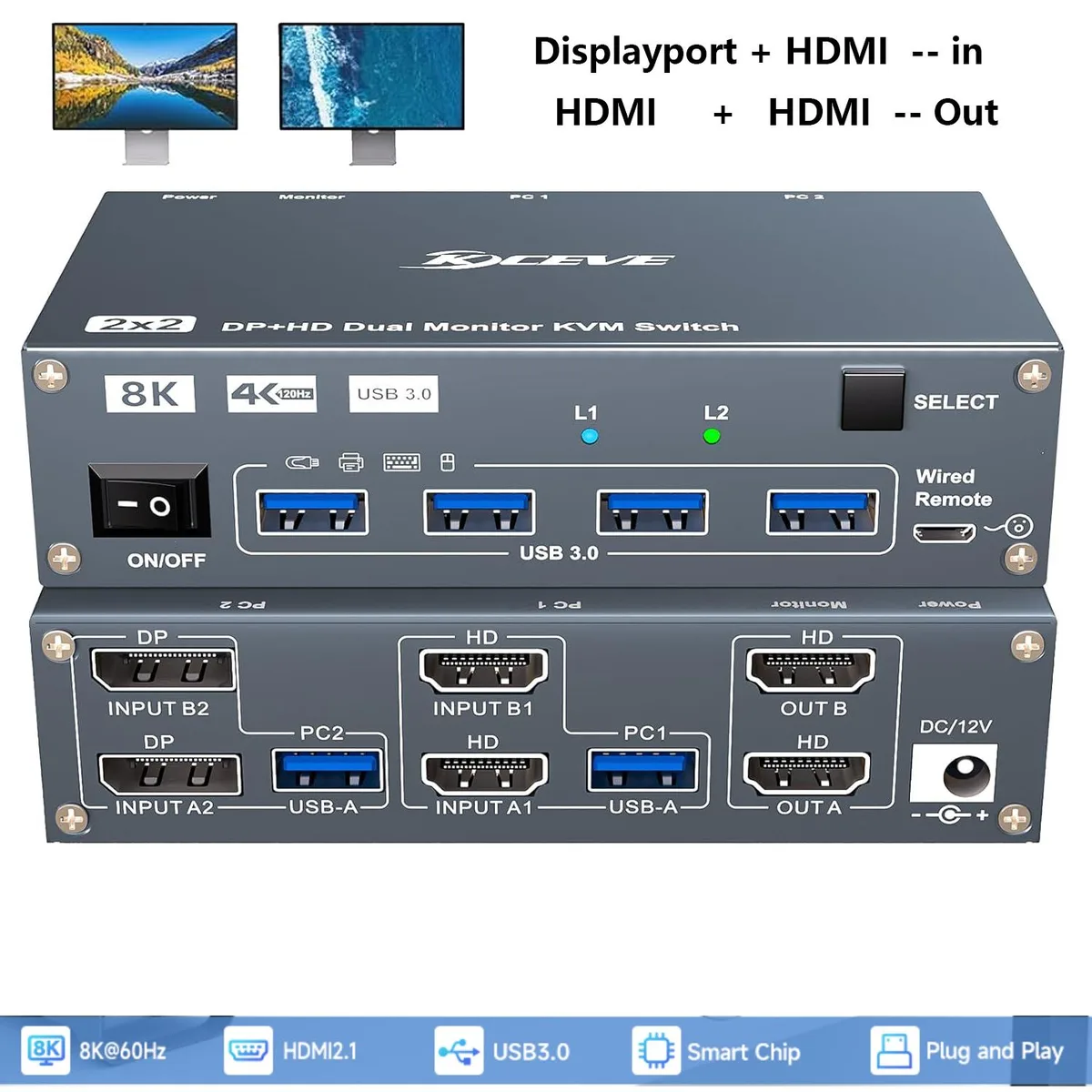 Hitoor Hitoor DH202 KVM Switch 2 Computers 2 Monitors 8K@60Hz 4 USB 3.0 — product photo