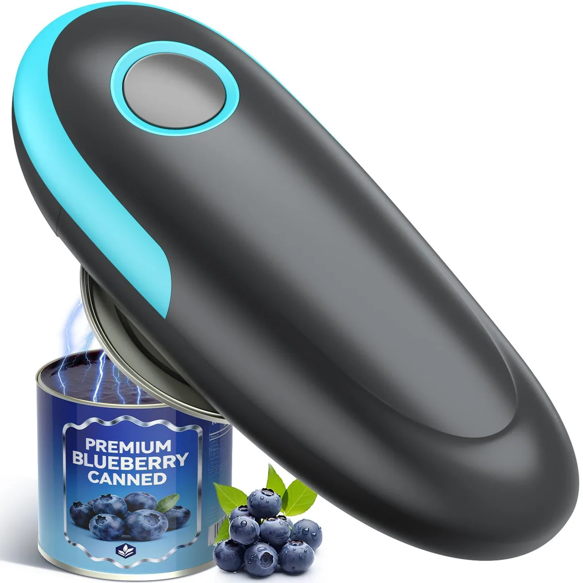 Compact white automatic can opener with stainless steel cutting mechanism and top-mounted button