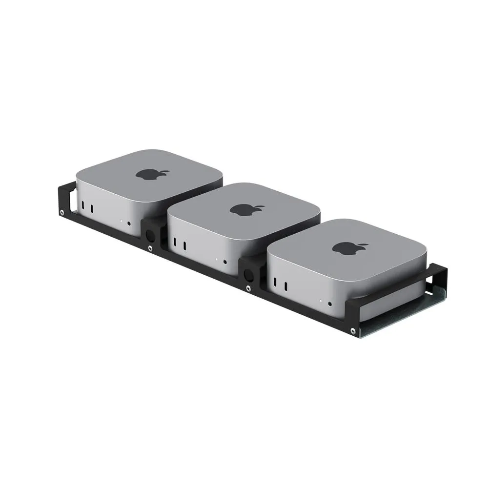 Metal bracket frame with three open slots for Mac Mini units, matte black finish