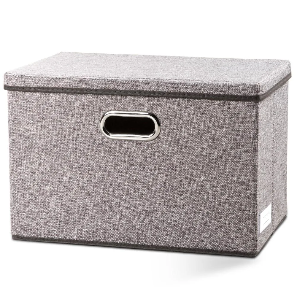 Grey linen fabric storage cube with lid and metal handles, 17.7 by 11.8 by 11.8 inches
