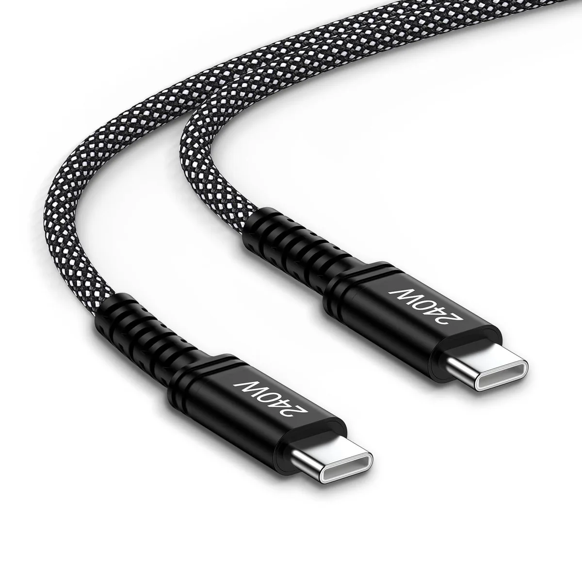Black nylon-braided USB-C to USB-C cable, ten feet long, male-to-male connectors