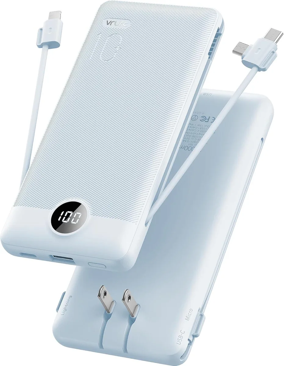 KINGARD KINGARD Portable Charger 10000mAh Built-in Cables AC Plug Blue — product photo