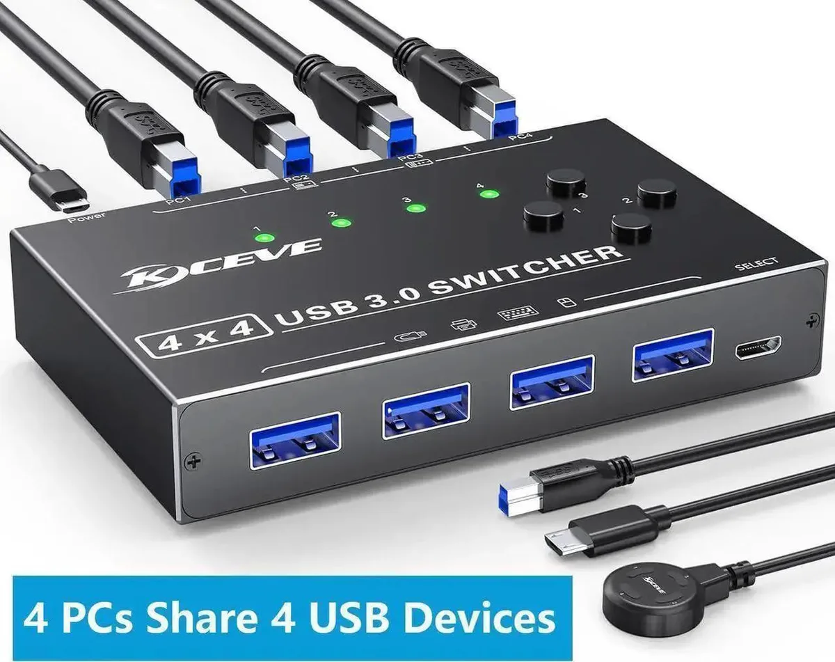 Rectangular USB 3.0 KVM switch with front buttons, green LEDs, wired remote, four USB-B cables
