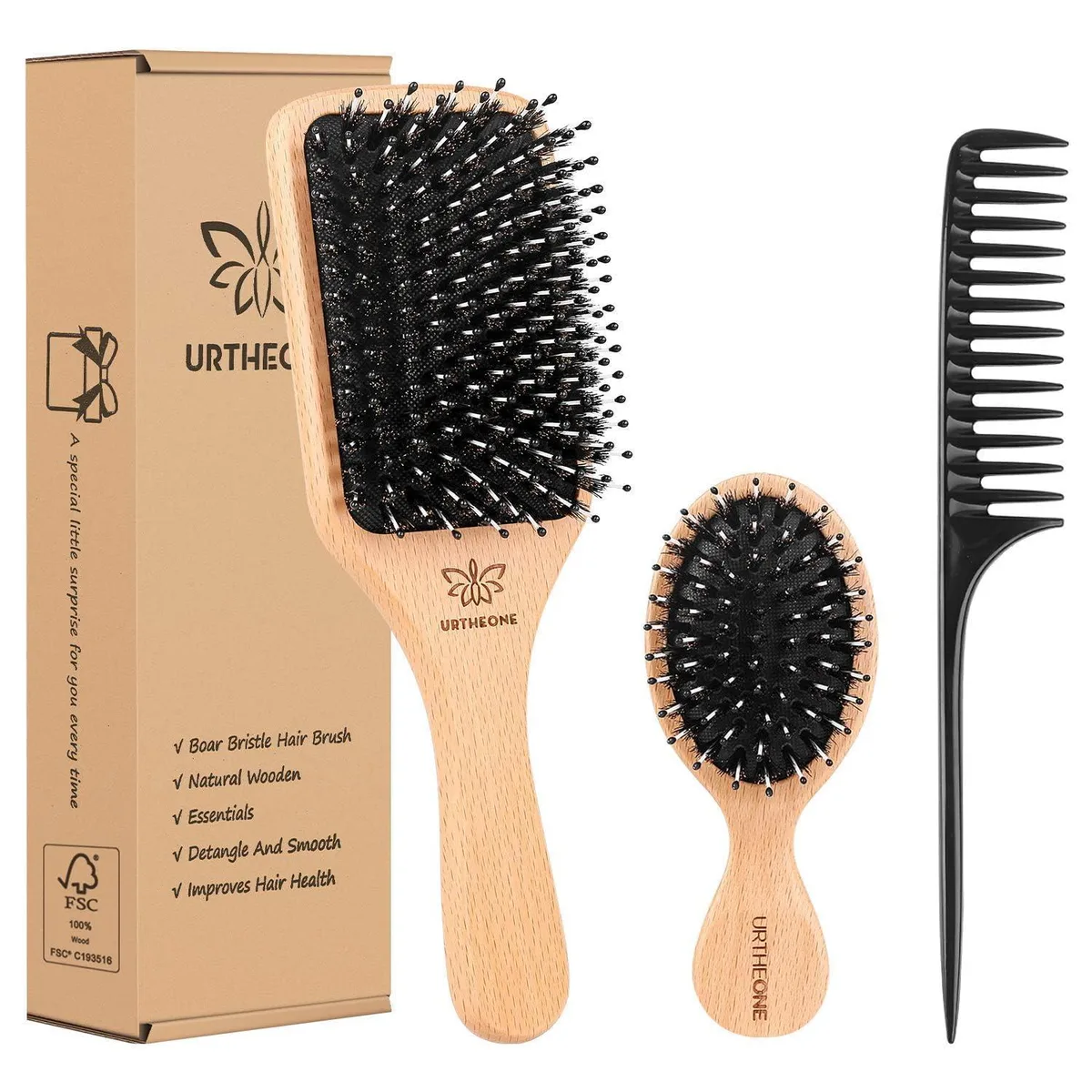 Remington boar bristle paddle brush set with mini brush and comb in natural wood finish