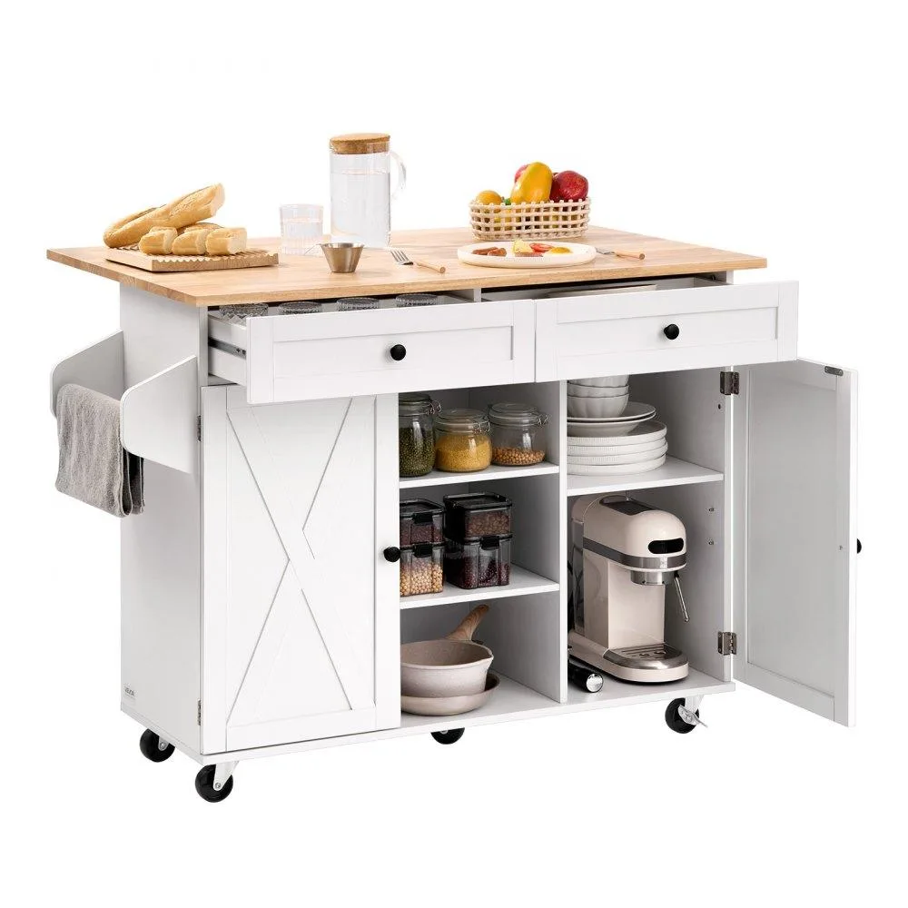 VEVOR VEVOR Kitchen Island Cart 52in White Solid Wood Top Drop Leaf SR247330 — product photo