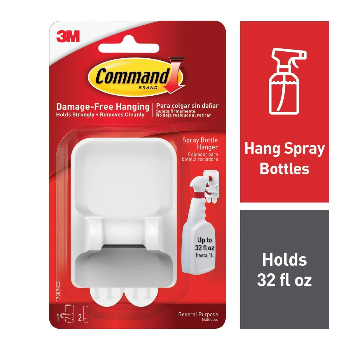 White plastic spray bottle hanger with adhesive backing