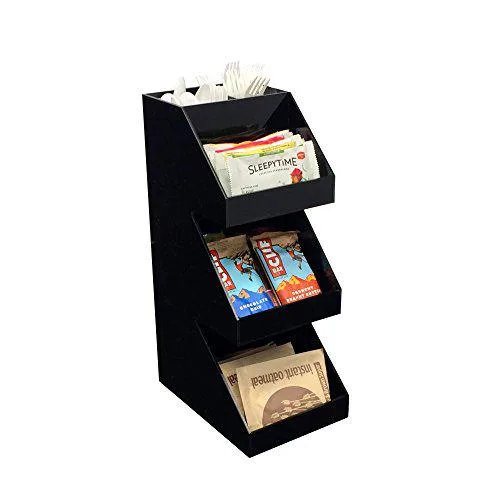Black acrylic three-tier condiment organiser, vertical stepped shelves, clear glossy finish