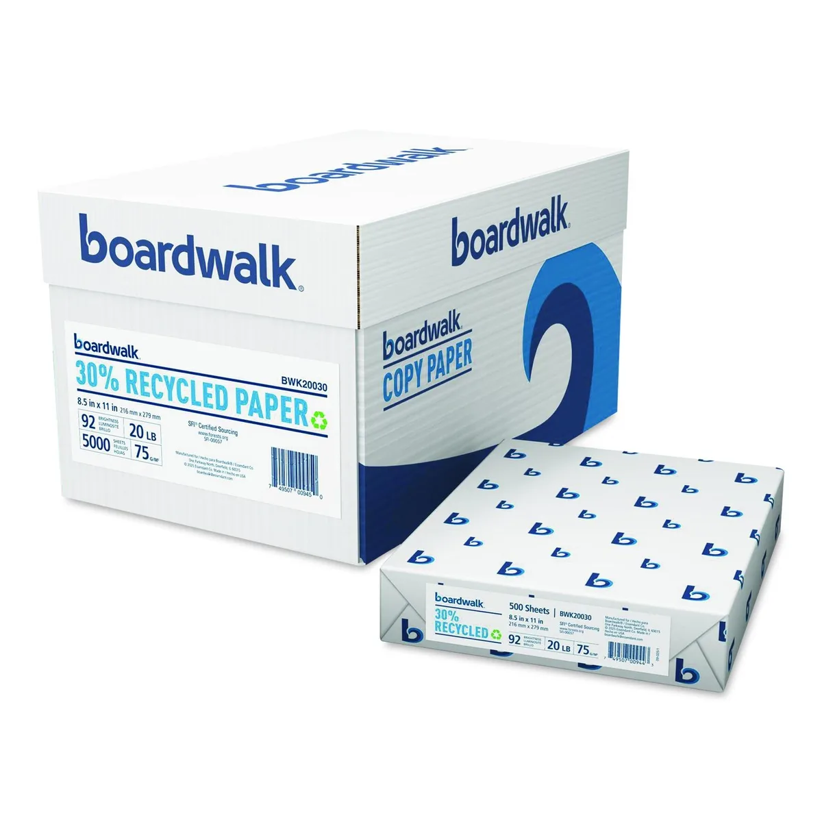 Boardwalk Boardwalk 30% Recycled Copy Paper 92 Bright 20 lb 8.5 x 11 White 500 Sheets/Ream 10 Reams/Carton 20030 — product photo