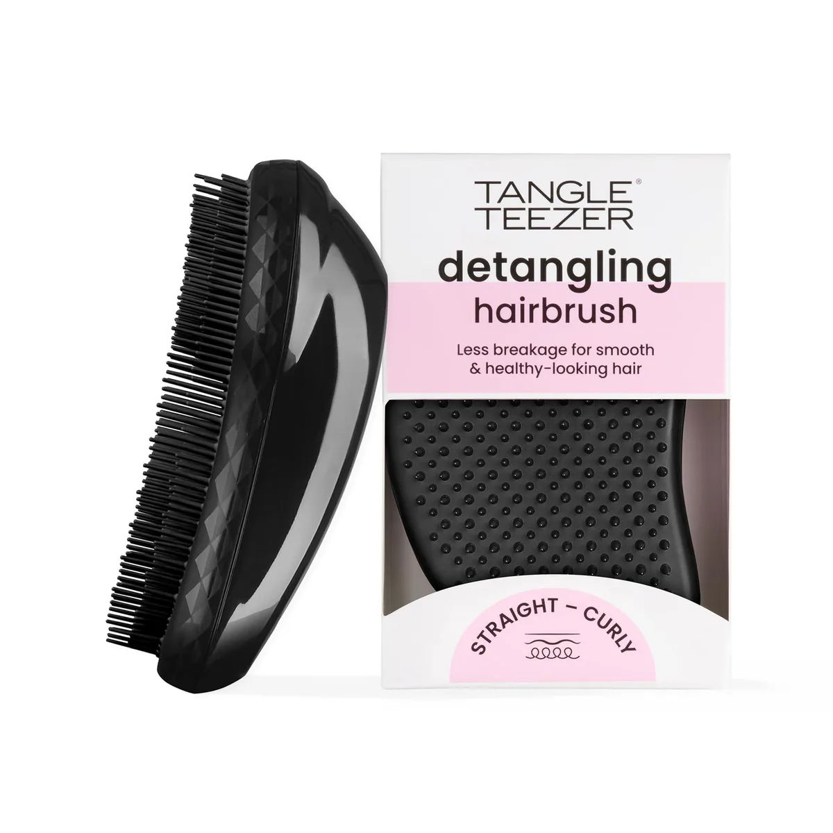 Panther black detangling brush, compact palm-sized design
