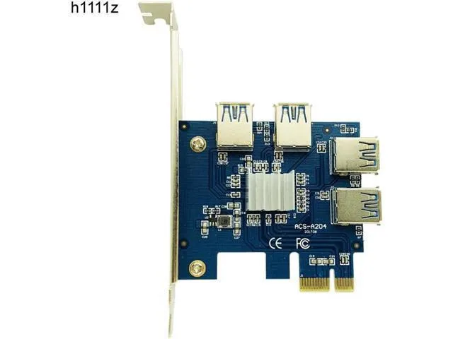 Green PCB riser card with one PCIe x1 connector and four x16 slots linked by four USB 3.0 cables