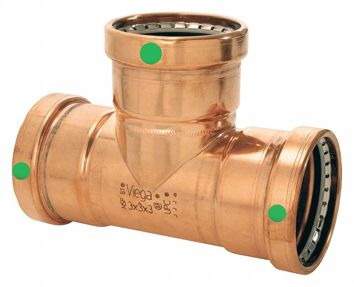 Copper reducing tee with three press-fit ends, 7 5/8 in long