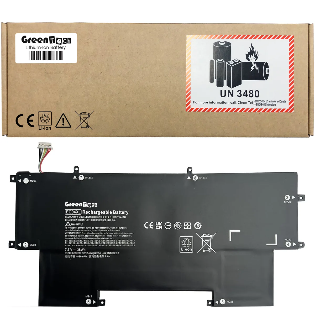 GreenTechLLC GreenTechLLC 828226-005 EO04XL laptop battery HP EliteBook Folio G1 7.7V 38WHR 4820mAh 4-cell white connector — product photo