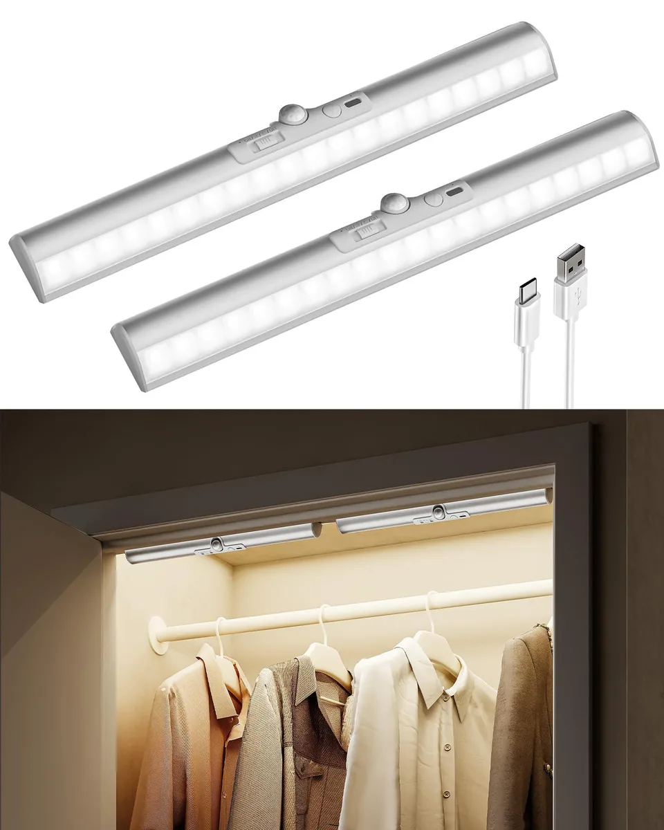 Two white 13-inch curved LED light bars with clear prismatic covers, magnetic pads and USB-C cable