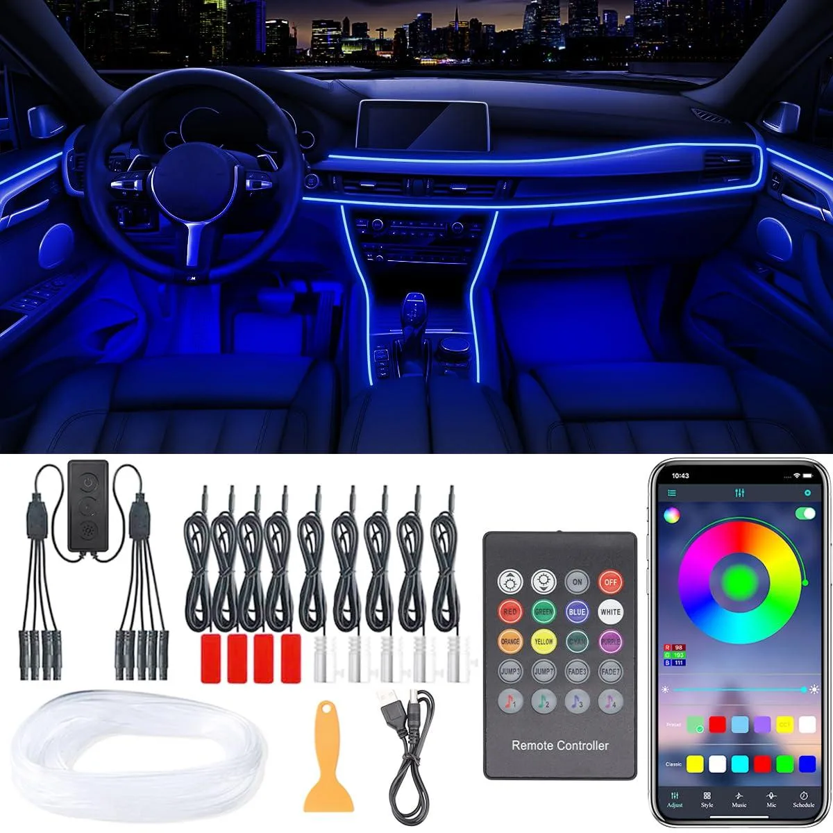 LEDCARE Interior Car LED Lights 9 in 1 RGB Wireless Kit USB 12V — product photo