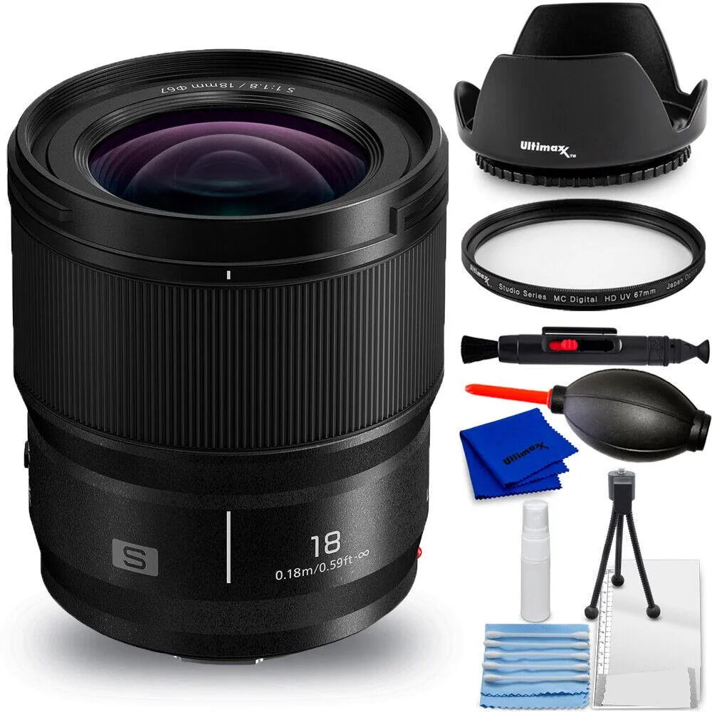 Panasonic Lumix S 18mm f/1.8 lens with 67mm filters and cleaning kit