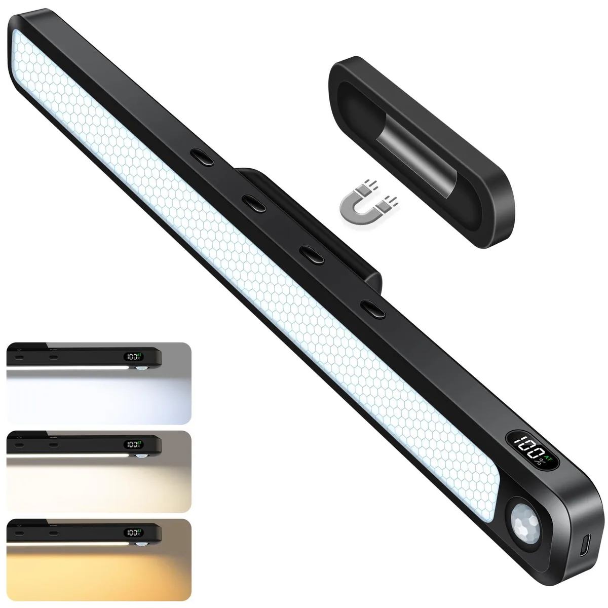 White rectangular LED light bar with magnetic bases and Type-C cable, matte plastic finish, 30 by 3.3 by 1.8 centimeters