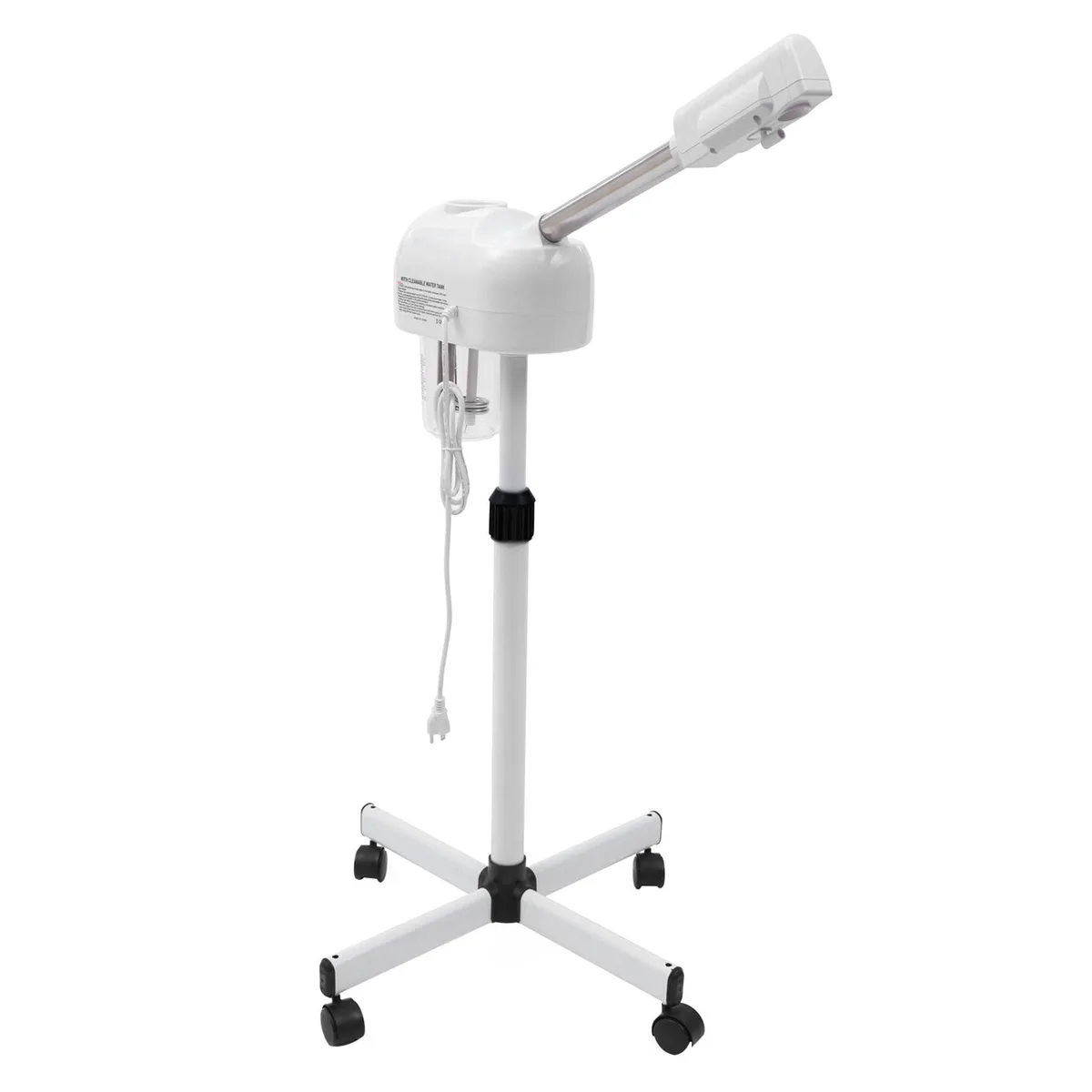 White standing facial steamer with adjustable arm and LCD panel