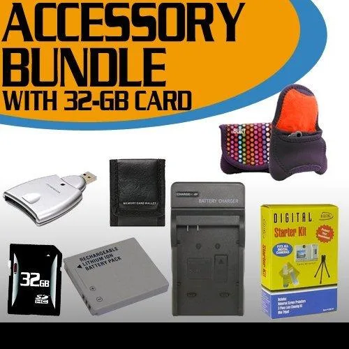 Canon SD1400IS accessory bundle with 32GB card, battery, charger, case and tripod
