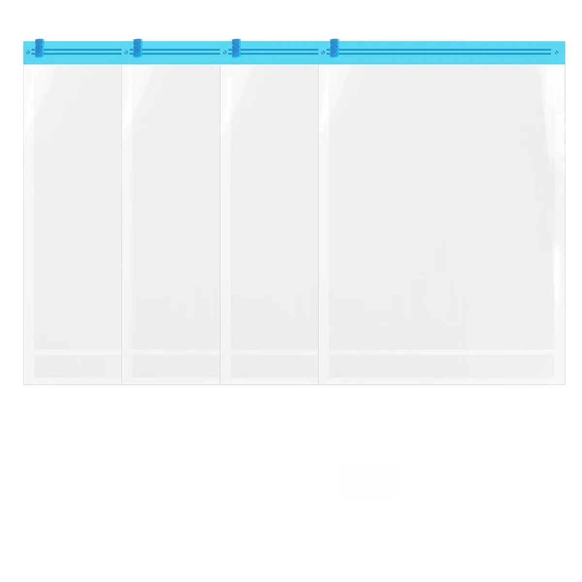 Four transparent blue roll-up compression bags with zipper pulls, each 19 by 14 inches