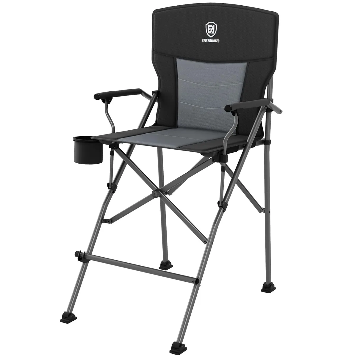 Tall folding directors chair in camouflage polyester with padded seat, cup holder, side pockets and adjustable footrest