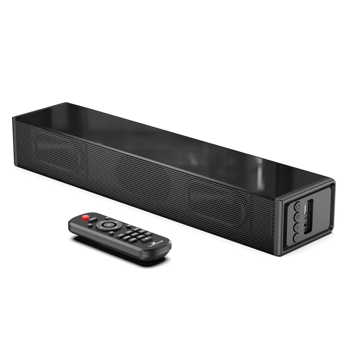 Compact glossy gray soundbar, 16 inch wide, low profile plastic cabinet