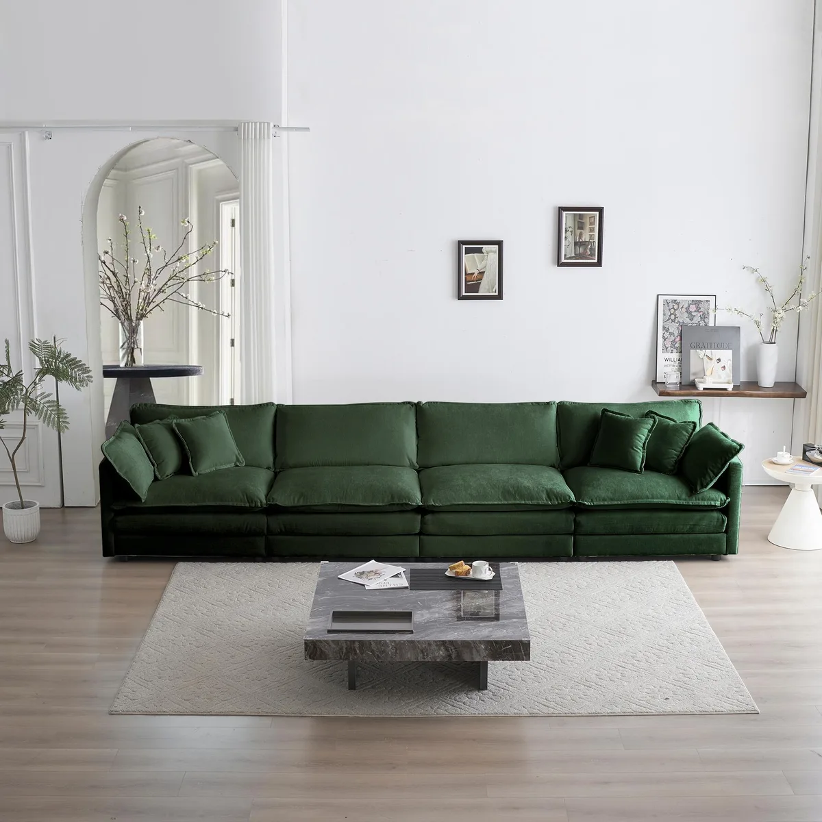 Green chenille modular four-seater sofa with removable cushions