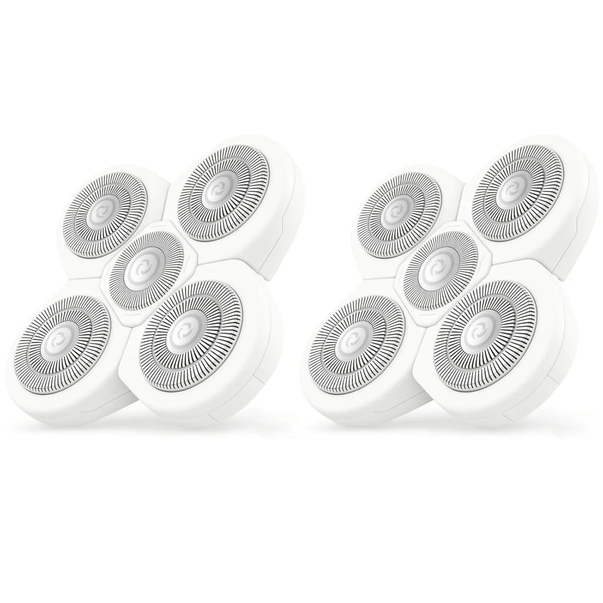 Two white five-blade rotary shaver heads side by side