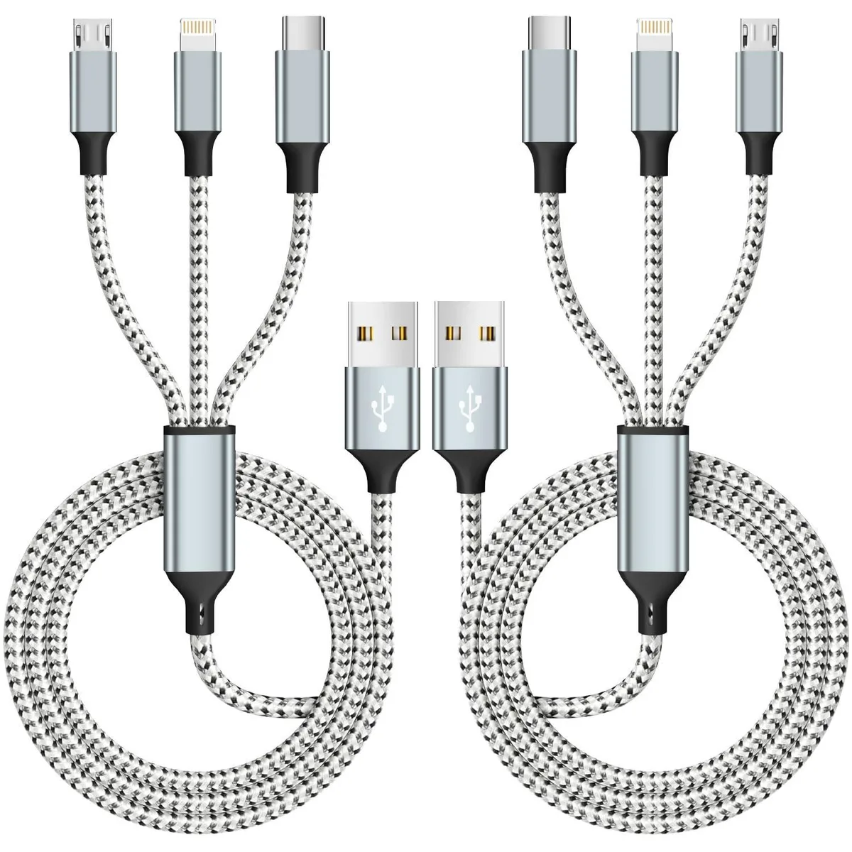 Two grey braided cables with three connector tips each