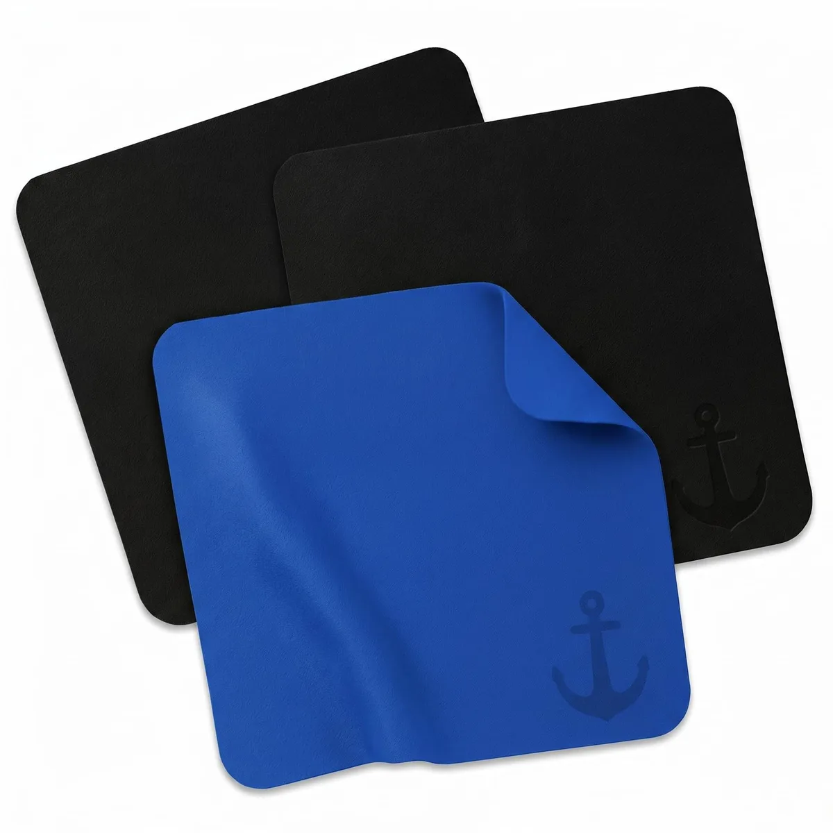 Three microfiber cloths, two black and one blue, folded flat