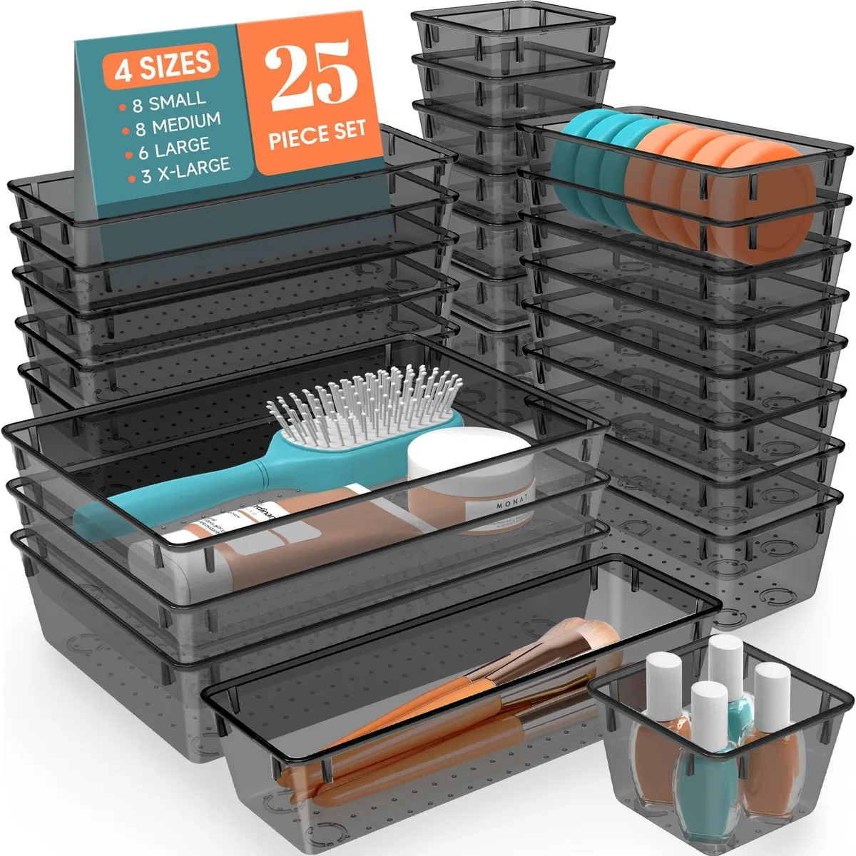 25-piece clear black plastic drawer organizer set with four bin sizes, polished chrome finish, stackable trays