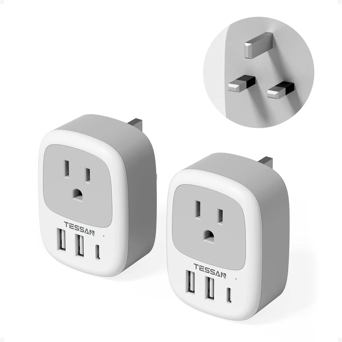  GE TS-TA03USUK 2-pack Type G USB converter with 3 ports 1 USB-C — product photo