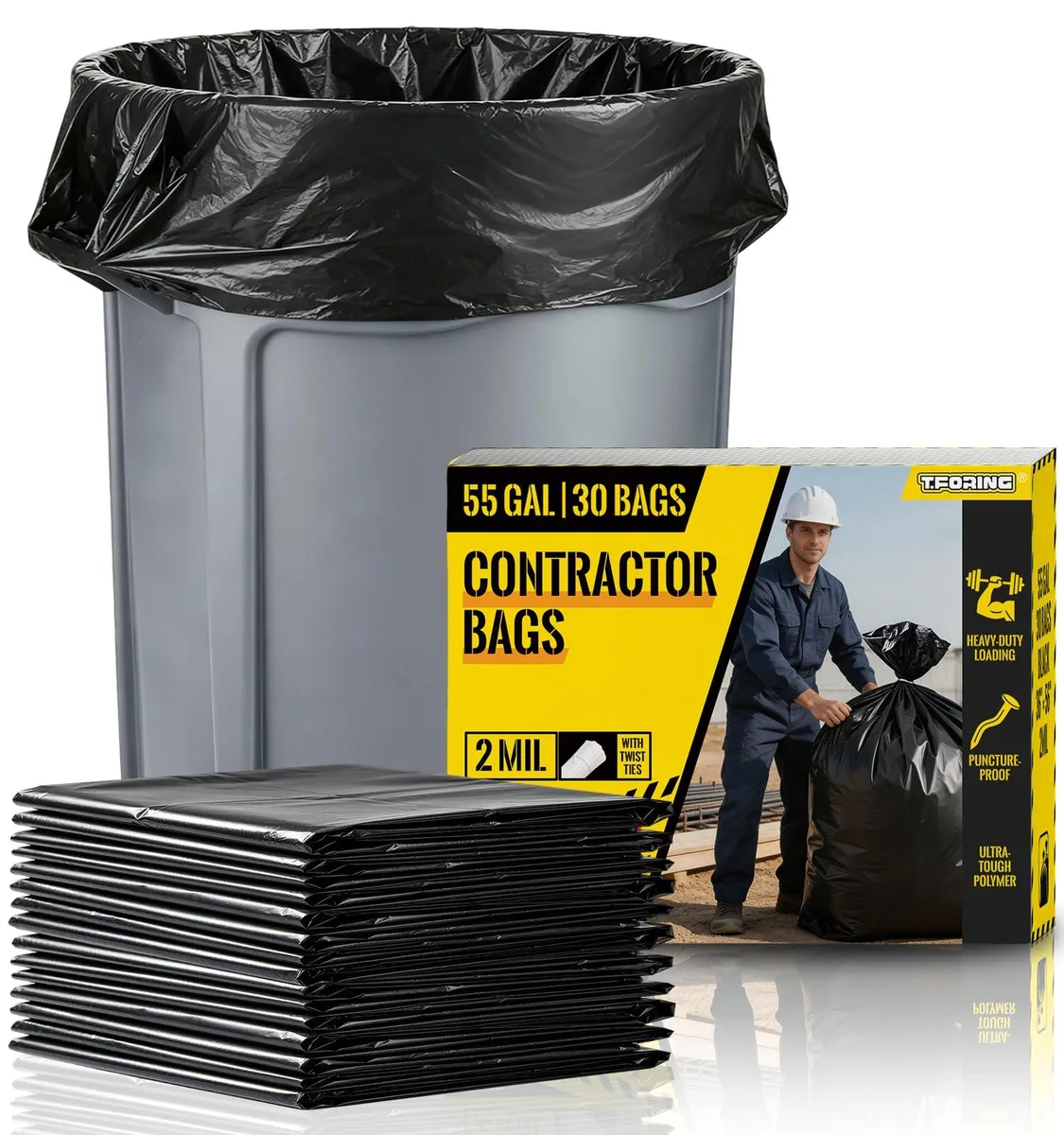  T.FORING Black Contractor Garbage Bags 55 gal 30 ct 2 mil — product photo