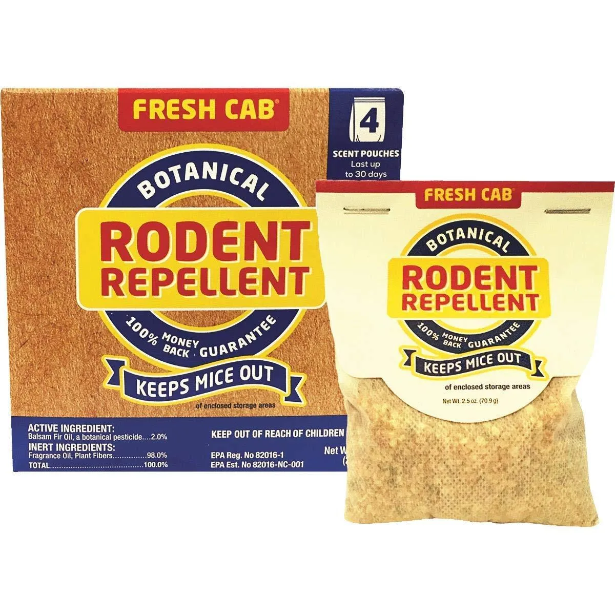 Four small pouches of rodent repellent in a rectangular box