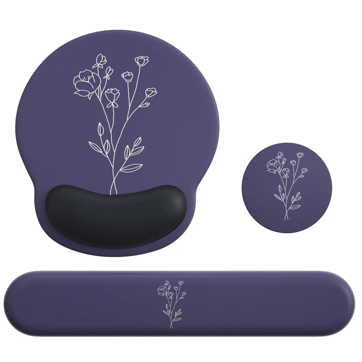  VINEBURY VB2512 Mouse Pad &amp; Keyboard Wrist Rest Set M-Black Plants 16.5 x 3.95 in — product photo