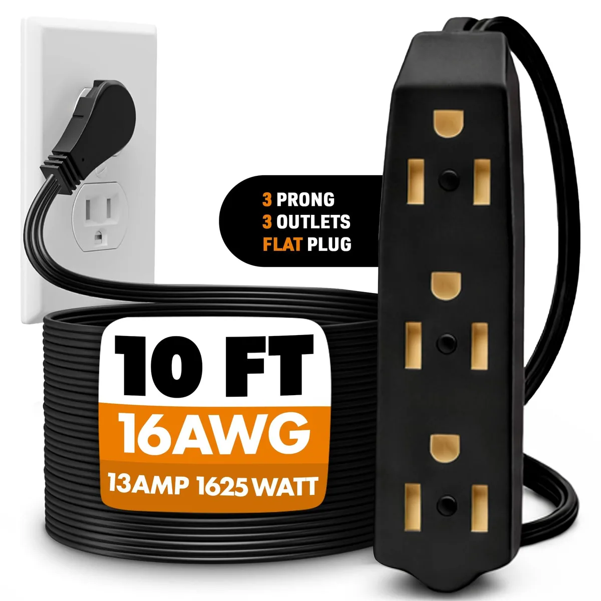  BindMaster 4344 Flat Plug Extension Cord 10 FT Black 3 Outlet 13A 125V — product photo