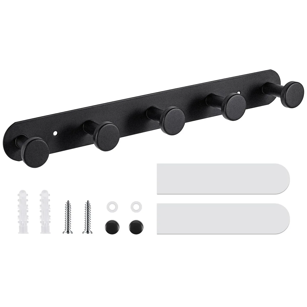 Black metal coat rack with five hooks, adhesive strips and screw fixings shown